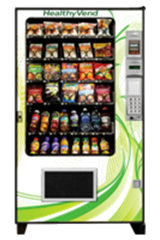 Combo vending machine with a custome wrap that is mostley white with green ribbons on the bottom right-hand side of the machine. 