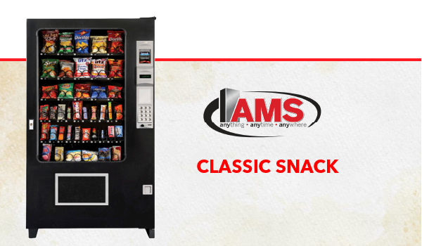 La AMS Classic Snack Machine con el logotipo rojo y negro y plateado de AMS