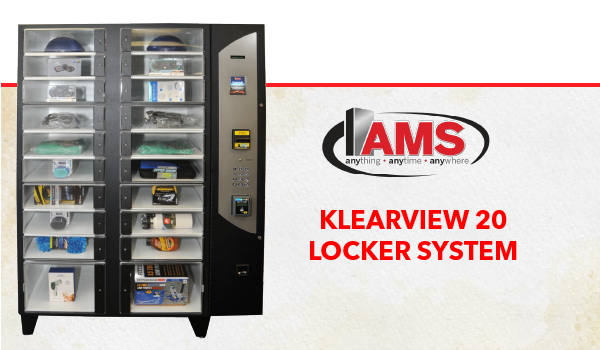 la máquina AMS Klear View Locker con el logotipo rojo y negro y plateado de AMS