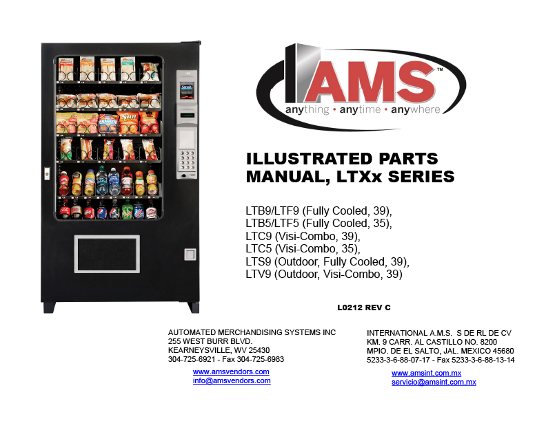 Cover for the L0212C manual. It has the L0212C machine on the left with the AMS logo on the front along with Illustrated Parts Manual all in caps.