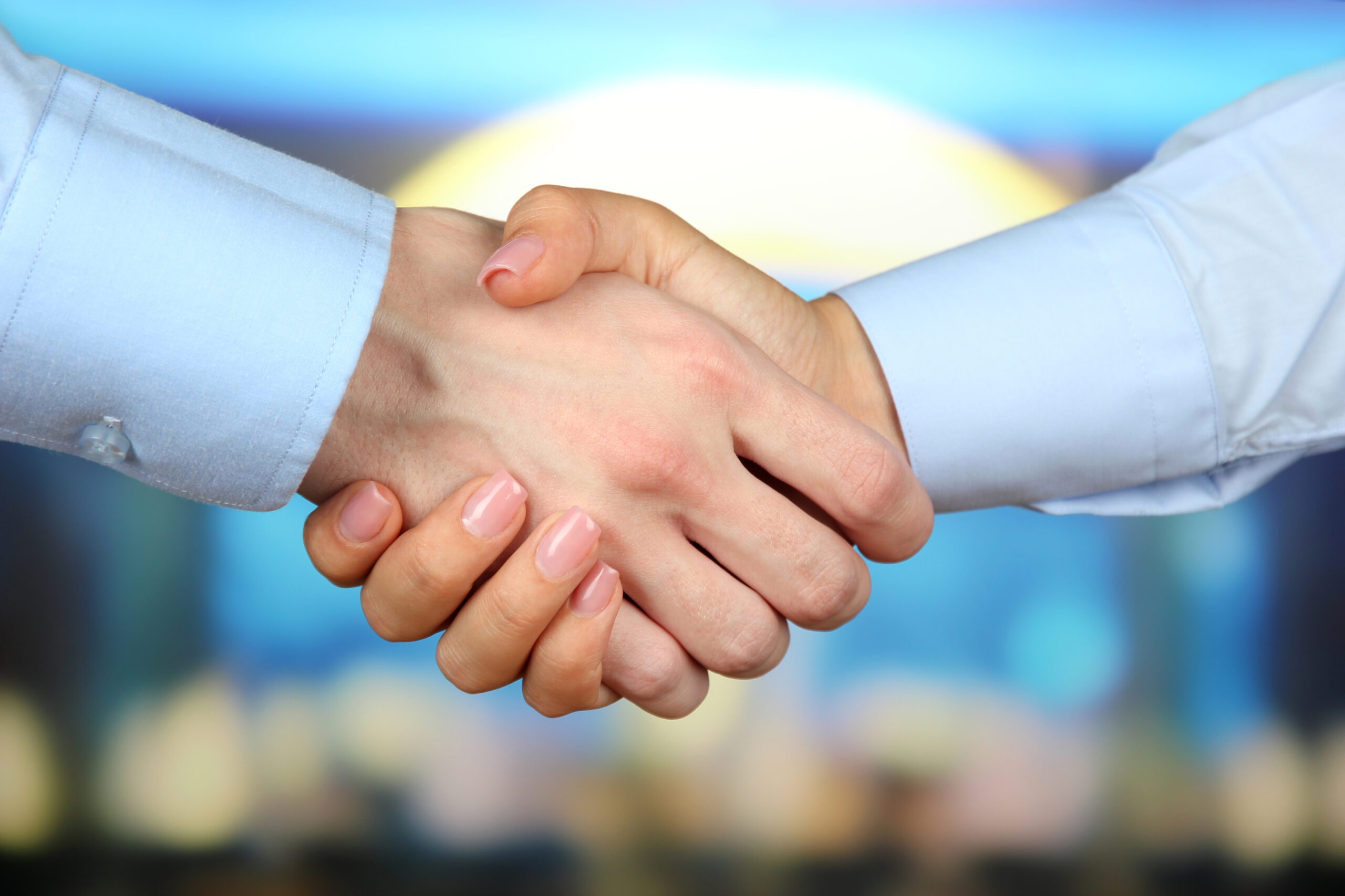 Image of two people shaking hands in the center of the photo.