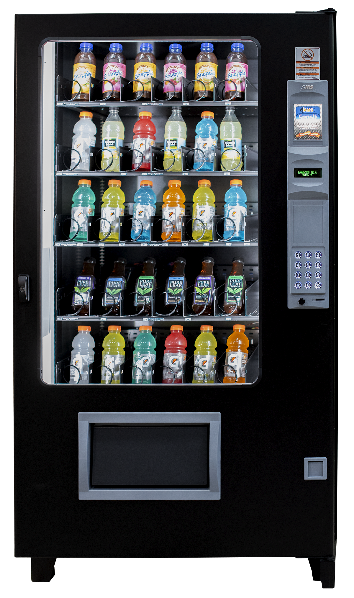 una máquina expendedora con muchos tipos diferentes de bebidas
