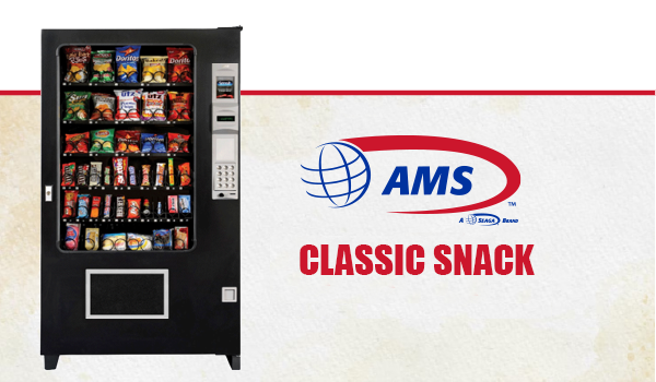 The AMS Classic Snack Machine with the AMS red and black, and silver logo