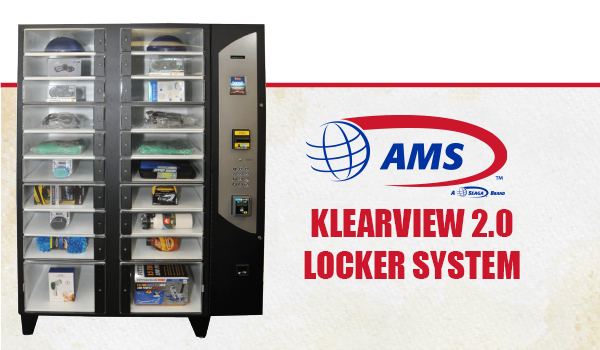 the AMS Klear View Locker Machine with the AMS red and black, and silver logo