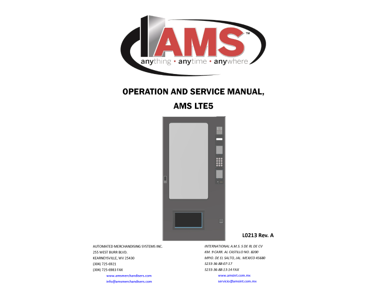 Cover of the L0213 model of the AMS vending machine with the all items centered on the page. AMS logo at the top followed by bold all caps lettering that says, "Operation and service manula, AMS LTE5.