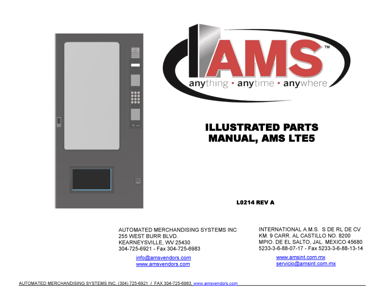 Cover of the L0214A AMS vending machine parts manual. It has a drawing of the machine on the right-hand side and the AMS logo at the top on the left-hand side with, in all caps, illustrated parts manual, AMS LTE5 beneath it.