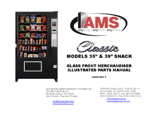 Cover for the classic snack manual. It has the classic snack machine on the left with the AMS logo on the right at the top and the words Classic MOdel 35" & 39" Snack. Along with Glass Front Merchandiser Illustrated Parts Manual all in caps.